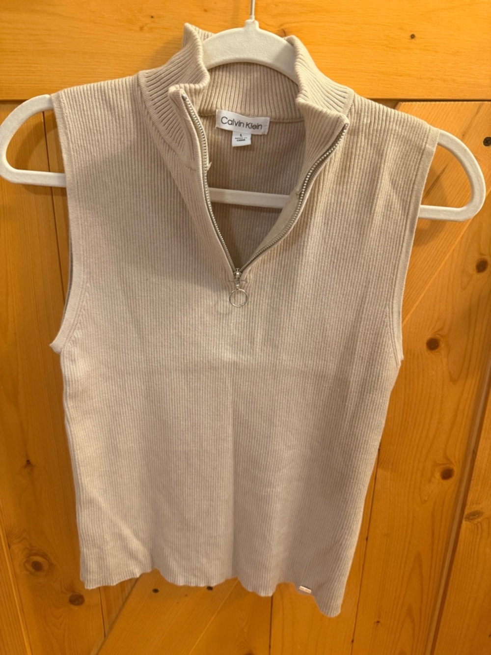 Calvin Klein Sleeveless Ribbed Zip Mock Neck Top in Beige